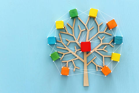 Conceptual tree created from small wooden blocks