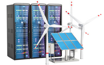 Server racks behind solar panels and windmills